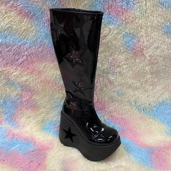 Demonia Dynamite 218 Black Glitter Knee High Platform Boots with Stars - Picture 6 of 9